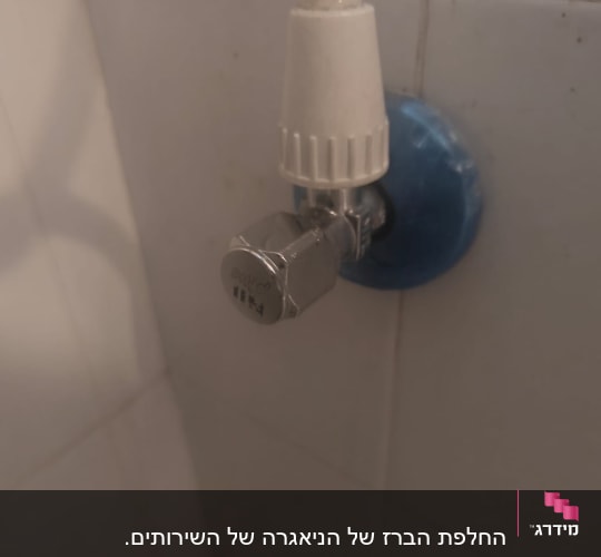 ברז מים מותקן על קיר עם חיבור כחול